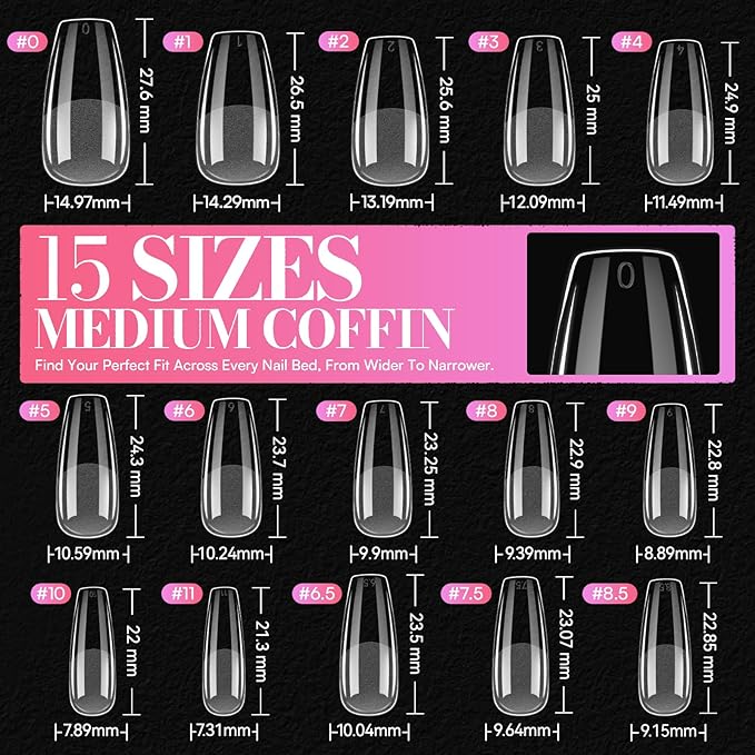 Makartt Coffin Nail Tips: Medium, 240PCS, 15 Sizes, Half Matte, Clear Acrylic, Full Cover Ballerina Press on Nails Extensions Supplies Salon and DIY Extension for Long-Lasting Manicure
