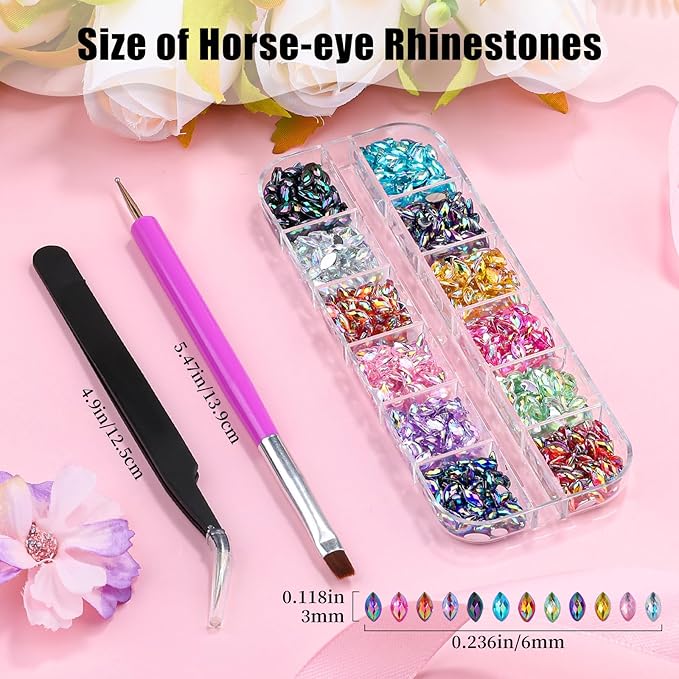 960pcs 3x6mm Horse Eye Nail Rhinestones, 12 Colors Sparkling Shiny Crystal AB 3D Flatback Gems Shiny Nail Diamonds with Tweezers and Dual-end Brush for Crafts DIY, Face Makeup Gems Jewels (10-K1)