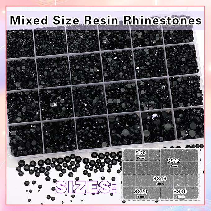 RODAKY Black Resin Rhinestones for Crafting Bedazzling,2-6MM Rhinestones for Nails Art,Black Nail Rhinestone and Gems,Nail Diamond Flatback Gems Crystals Charms for Nail Design DIY Makeup Decor