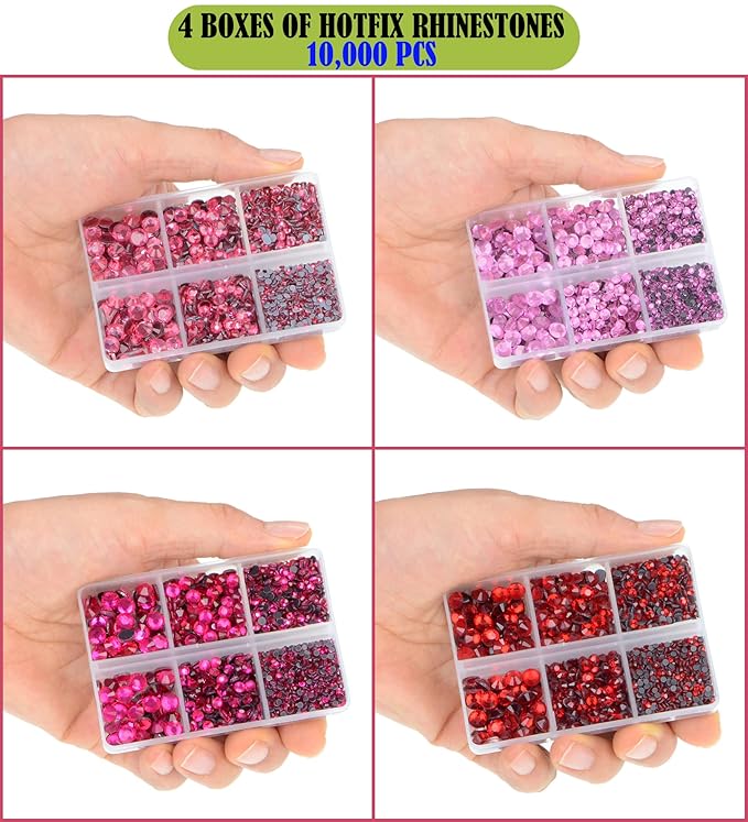 LPBeads 10000pcs Hotfix Rhinestones Flatback Glass Red Pink Fuchsia and Rose Rhinestone with Tweezers and Picking Pen for Crafts Clothes Nail Art
