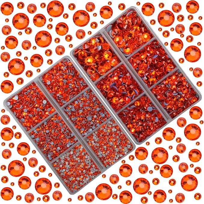 10000Pcs 2-Boxes Mixed Size Hot Fix Round Crystals Gems Glass Stones Hotfix Flat Back Rhinestones with Tweezers and Picking Pencil (Orange)
