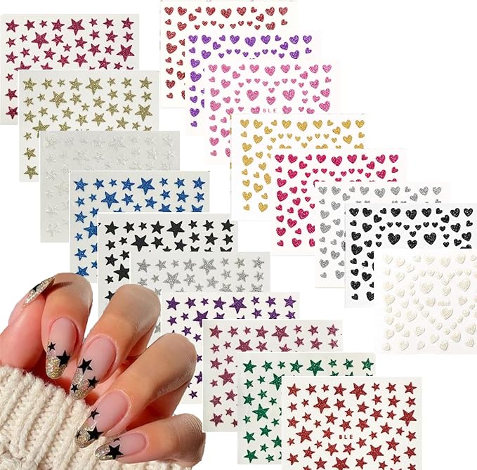 1000pcs 18 Sheets Star Nail Stickers Star Nail Decals Design Nail Supplies 3D Self-Adhesive Nail Colorful Slider Stars Love Stickers Glitter Decoration Heart Nail Stickers Decals for Women Manicure