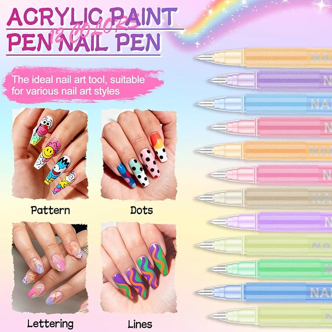 EBANKU 12 Colors Nail Art Pens Kit 1 MM Ultra-Fine Tip 3D Nail Polish Pens Quick-Dry Acrylic Paint Pens Nail Markers Dotting Tools for Holiday Nails Home & Salon Manicure