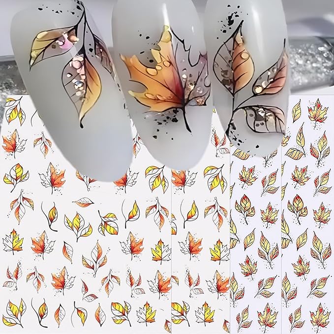Fall Nail Stickers - Autumn Withered Maple Self-Adhesive 3D Nail Decals for Women Girls DIY Thanksgiving Day Leaves Vein Manicure (4 Sheets)