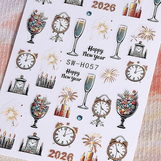 6Pcs Christmas Nail Art Stickers Decals 2026 New Year Fireworks Clock Nail Design Stickers Winter Xmas Nail Art Supplies 3D Self Adhesive Glitter Nail Decals Holiday Manicure Accessories for Women