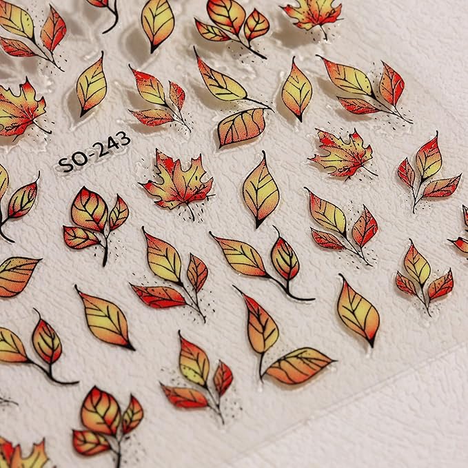 2 Sheets Fall Series Nail Stickers Maple Leaves Nail Art Stickers Autumn Iridescent Nail Decals with Orange Maple Leaves Designs Holographic DIY Self-Adhesive Nail Art Supplies