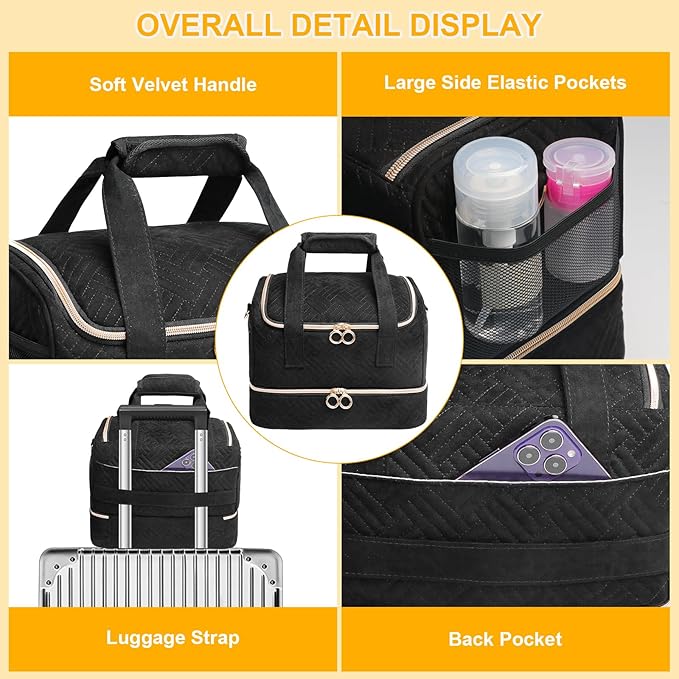 Nail Polish Organizer Bag Holds 80 Bottles (15ml/0.5fl.oz)& Nail Lamp, Soft Velvet Nail Kit Storage Carrying Case with Shoulder Strap, Double Layer Nail Supplies Organizer Handbag Women Black