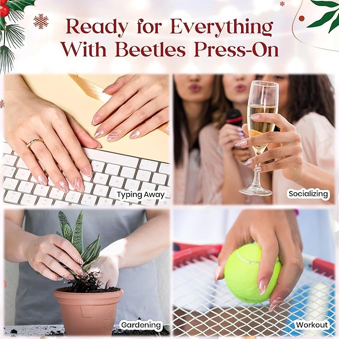 Beetles Christmas Press On Nails - Christmas Snow | Short Almond Press On Nails | 32Pcs 16 Sizes Natural Salon Quality Nail Tips With Quick-drying Nail Glue For Women