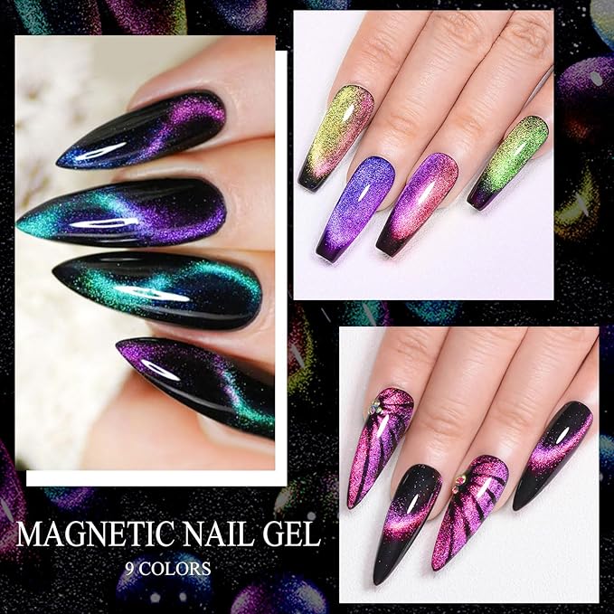 MEET ACROSS 9D Cat Eye Gel Nail Polish, 12 Pcs Chameleon Galaxy Magnetic Gel Polish Set with Base Top Coat and Magnet Stick Soak Off Nail Art Salon Manicure Home Ladies Gift