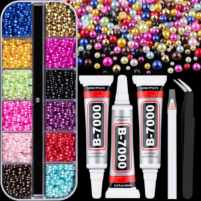 Flatback Pearls for Crafting with 3Pcs 10ml B7000 Jewelry Glue, 1 Box of Half Round Colorful Pearls, Bedazzling Beads for DIY Crafts Clothing Tumblers Shoes Embellishment Nail Art