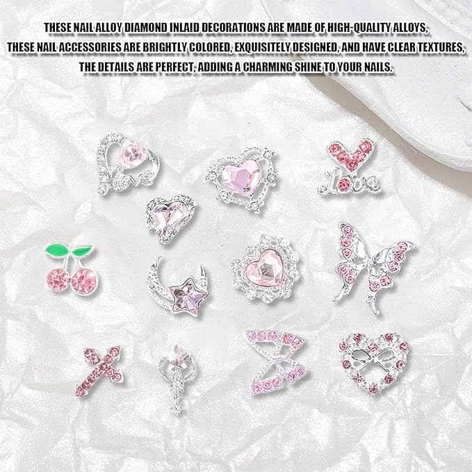 3D Nail Charms,24Pcs Love Heart Star Cross Cherry Butterfly Bow Nail Rhinestone Charms,Metal Alloy Nail Art Decorations for Manicure Design Accessories DIY Crafts (A Pink)