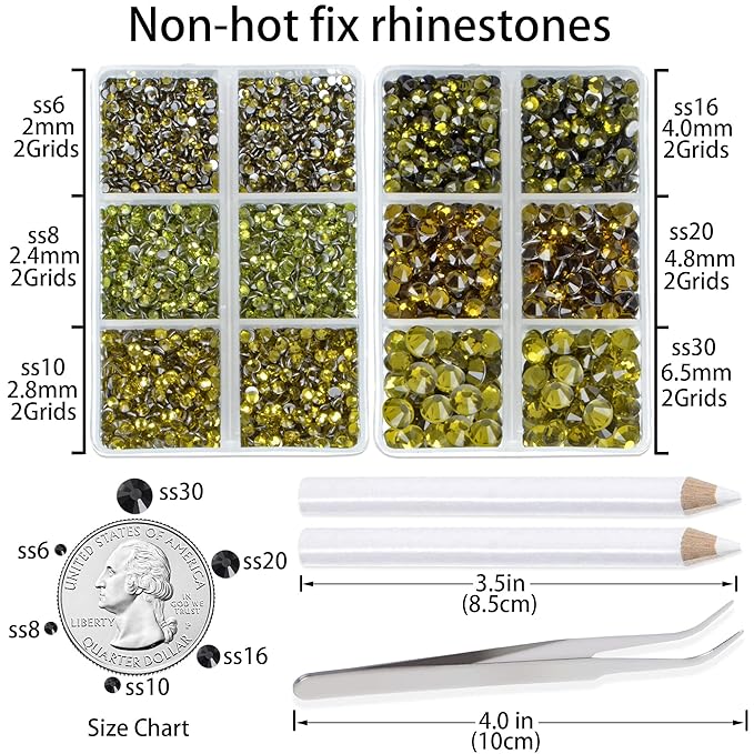 LPBeads 6000 Pieces Olivine Non Hotfix Rhinestones 6 Sizes Round Crystal Glass Flat Back Rhinestones with Tweezers and Picking Pen for Nail Art Crafts Clothes Bags DIY