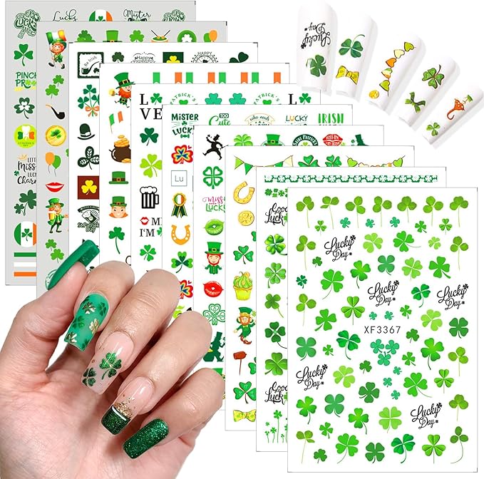 10 Sheets St. Patrick's Day Nail Art Stickers 3D Self-Adhesive Shamrock Nail Decals Green Clover Gold Hat Letter Designs Irish Nail Stickers St. Patrick's Day Nails Decor for Women Manicure Supplies