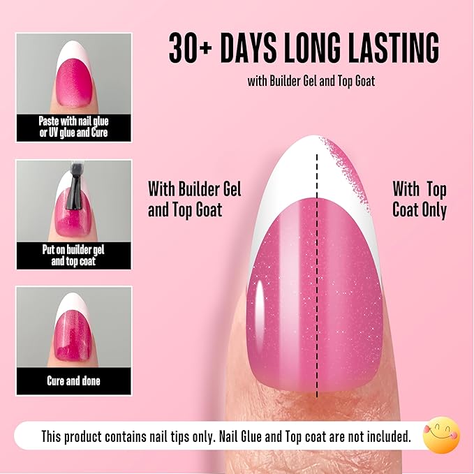 NOVO OVO White French Tip Almond Nail Tips Press on ROSE PINK, Extra Thick Medium Soft Gel Fake Nail Acrylic Extension, Need Builder Gel Top Coat, No Glue Included, for Salon DIY x 15 Sizes 240 pcs