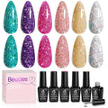 Beetles Glitter Gel Polish, 6 Pcs Pink Silver Platinum Gel Polish Kit Soak off Uv Lamp Shimmer Purple Pink Green Gold Glitter Nail Polish Kit Holiday Spring Gift Design for Party