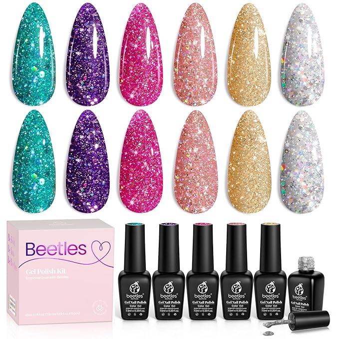 Beetles Glitter Gel Polish, 6 Pcs Pink Silver Platinum Gel Polish Kit Soak off Uv Lamp Shimmer Purple Pink Green Gold Glitter Nail Polish Kit Holiday Spring Gift Design for Party