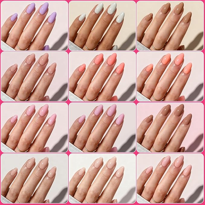 12 Colors Press on Nails Short Almond, 15Size 360PCS Full Cover Fake Nails with Adhesive Tabs - Glossy Jelly Nude Milky White Shape False Nails for Women, Easy Application for Daily Wear