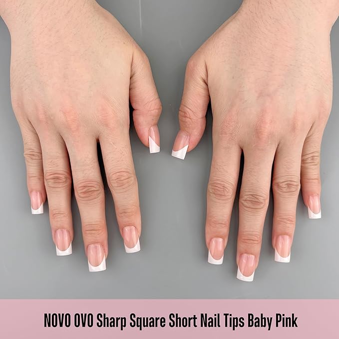 NOVO OVO Short Sharp Square White French Tip Nail Tips Press on BABY PINK, Need Builder Gel Top Coat Nail Glue, Soft Gel Fake Nail Extension, Full Cover False Nails for Salon DIY x 15 Sizes 240 pcs