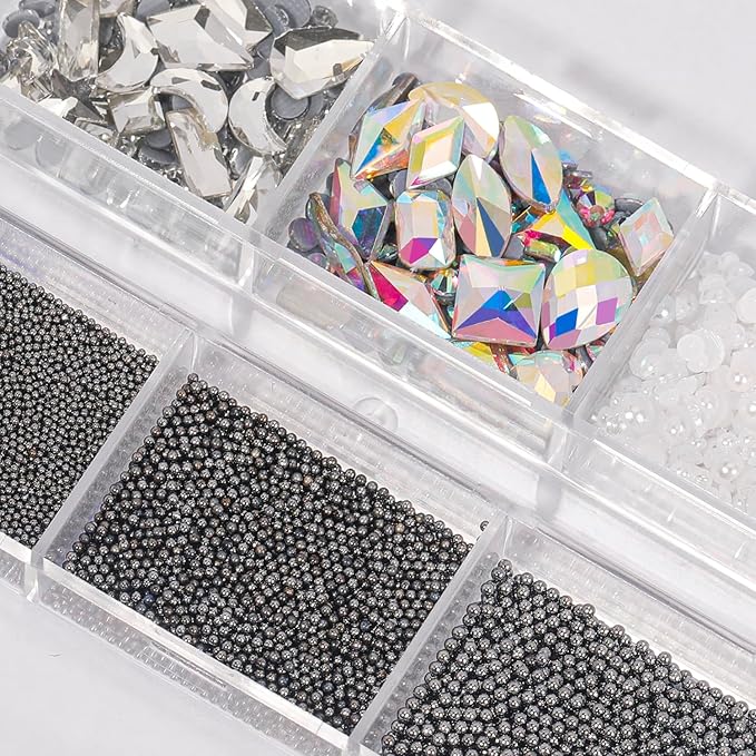 3D Nail Art Charms - Black Mineral Caviar Beads & Rhinestones Mix Size Multishape AB Pearls for Acrylic Nails DIY Craft Decoration