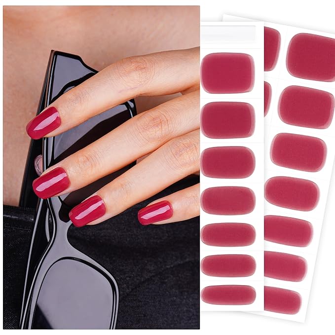 DANNI & TONI Semi Cured Gel Nail Strips Deep Red (Sheer Cherry) Solid Color Gel Nail Wraps 28 Stickers