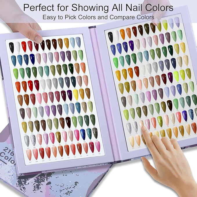 216 Nail Colors Book,Nail Color Display Book with 240 Nail Tips & 1-300 Number Labels,Professional Nail Color Swatches Book for Nail Polish Nails Art Design(Purple)