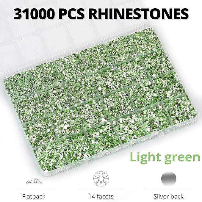 33000Pcs Light Green Rhinestones for Bedazzling, Bedazzler Kit with Flatback Craft Rhinestones Bulk and B7000 Glue, 2,3,4,5,6mm Resin Flat Back Crystals for Craftings, Crafts, Clothes, Shoes, Nails