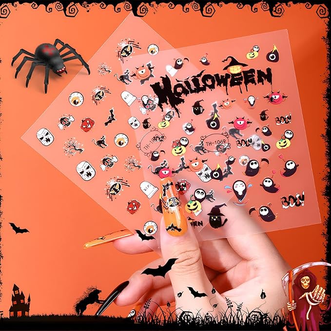 12 Sheets Halloween Nail Art Stickers Decals Glow in The Dark, Cute Spider Web Pumpkin Ghost Skull Bat 3D Design Self-Adhesive Nail Art Decals, DIY Manicure Decoration Supplies for Women Kids
