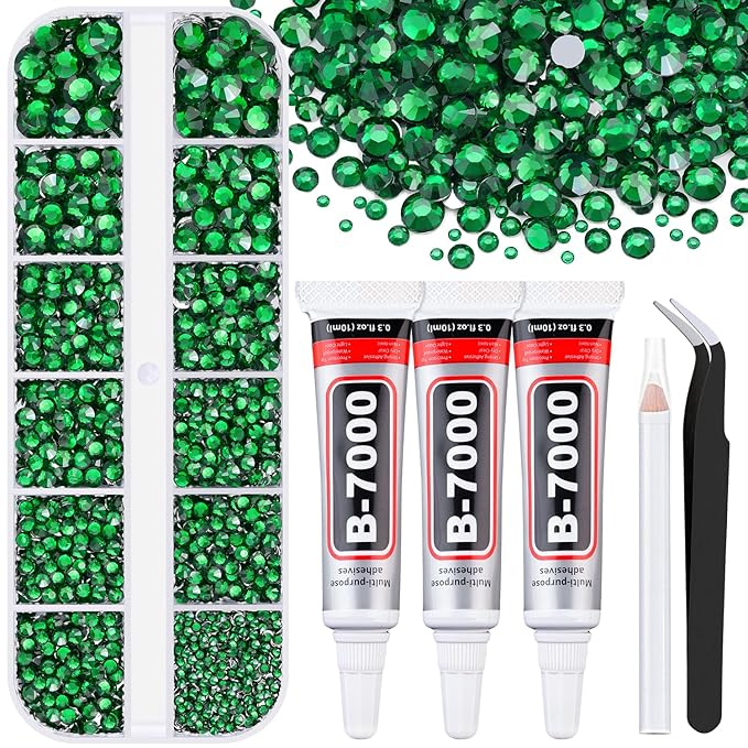 6000Pcs Resin Rhinestones for Bedazzling with 3Pcs B7000 Jewelry Glue, 1 Box Emerald Green Flatback Rhinestones for Crafting Crafts DIY, Crystals Gems for Clothing Shoes Tumblers Nail Art Makeup
