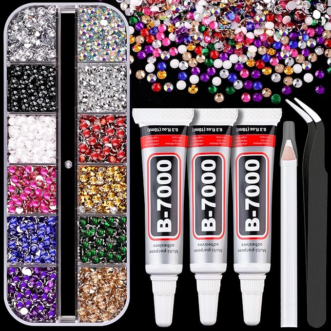Resin Rhinestones for Crafting with B7000 Jewelry Glue, 1 Box Mix Colors 3mm Flatback Crystals with 3Pcs 10ml Glue for Bedazzling Crafts DIY Nail Art Makeup，Non Hotfix Gems for Clothing Shoes
