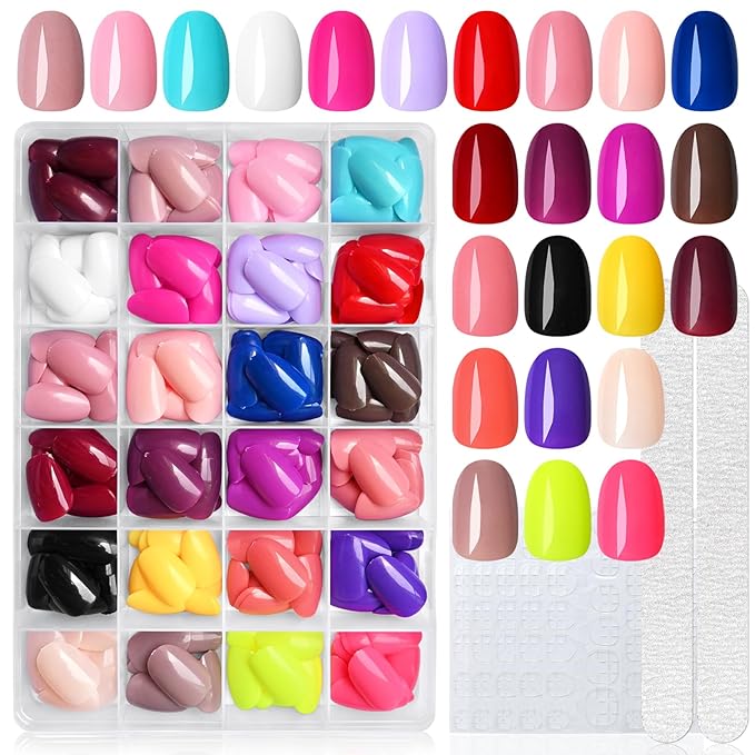 LoveOurHome Oval Press on Nails Short Fake Nails with Glue Tabs, 576pc Short Round Almond Fake Nail Press ons Nail Glue on Nails Kit Acrylic Nails Oval False Nails Artificial Fingernails for Women