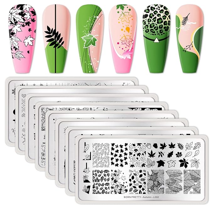 Born Pretty Christmas Nail Stamping Plates 8PCS Nail Art Design Kit Fall Winter Halloween Christmas Tree Patterns Templates with Snowflake Cute Deer Nail Art Image Plates DIY Printing Tools