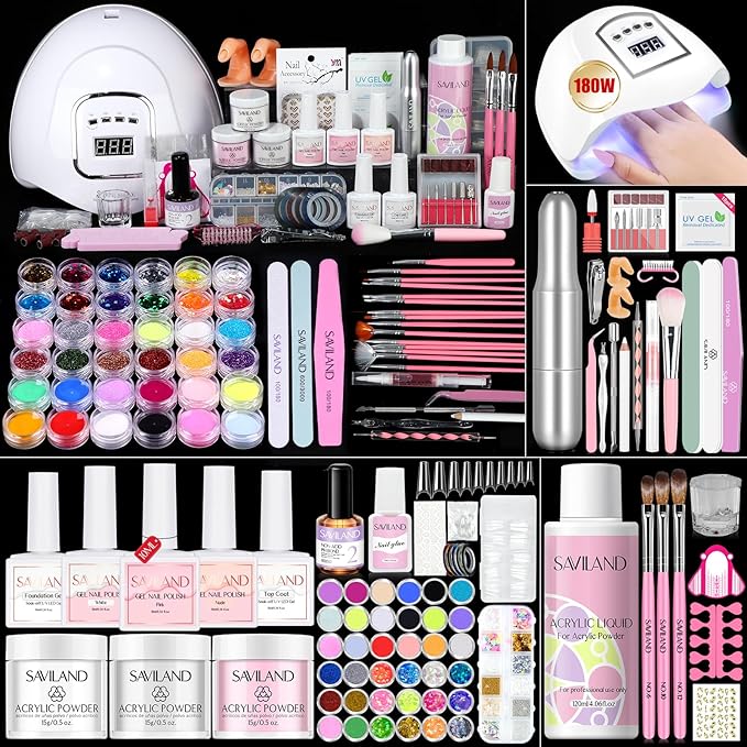SAVILAND Acrylic Nail Kit for Beginners & One-Step Gel Nail Polish Kit: Lilac Haze 5-In-1 Cat Eye Gel Polish with U V LED Nail Lamp Magnet