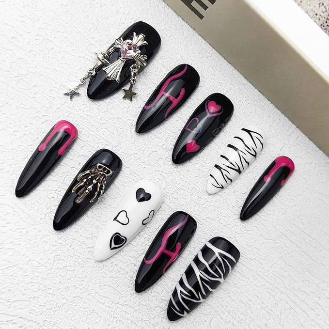 2025 Dark Series Pure Handmade Pressed Full Stick Medium Almond Nails Hand-painted Designs Reusable Acrylic Press on Nails with Rhinestones Fake Nails w/Box Ladies Gifts (Dark Pattern, Medium)