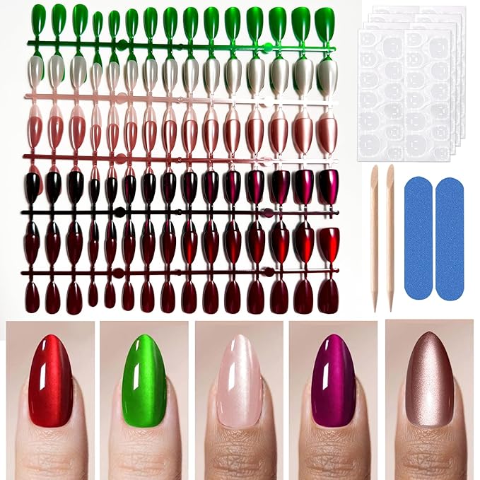150Pcs Cat Eye Press on Nails Medium Almond Fake Nails 5 Color Glitter Soft Gel Stick on Nails Full Cover Glossy Acrylic Glue on Nail Reusable Shiny False Nails for Women DIY Nail Art Manicure 15Size