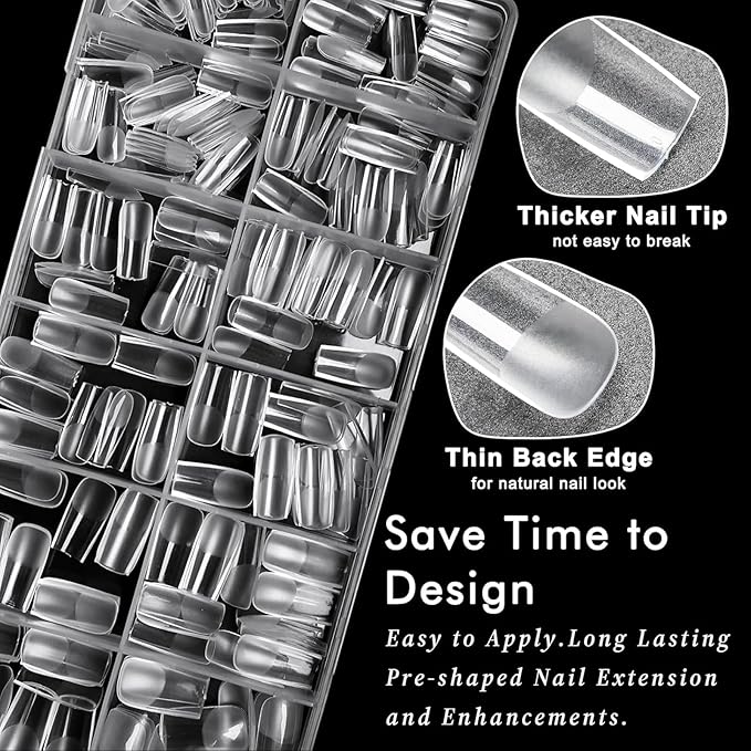 AddFavor Medium Square Gel Nail Tips - 600pcs Clear Acrylic Nails Tips Medium Fake Nails Full Cover Soft Gel Nail Tips for Nail Extension, Press on Nails 15 Sizes Artificial False Nails