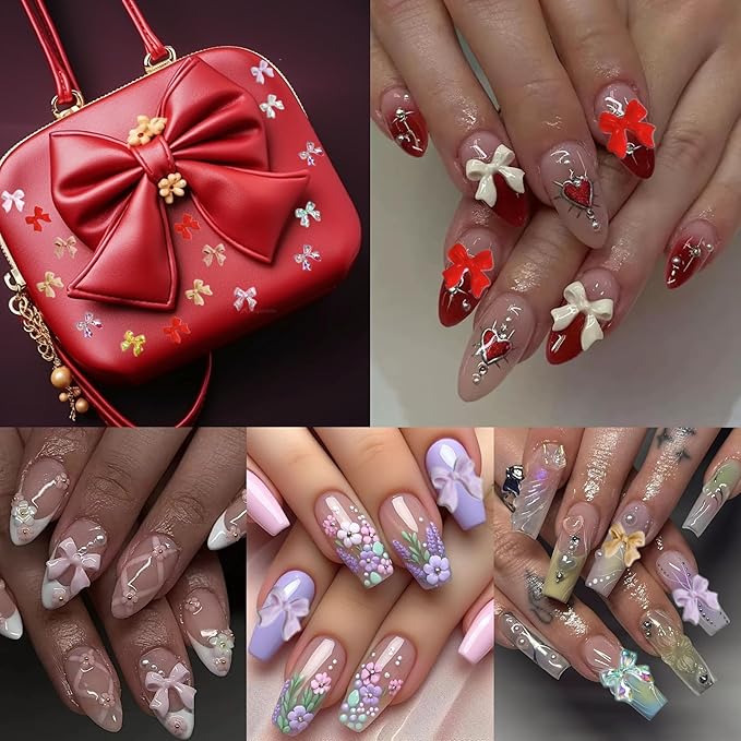 Kawaii Color Bow Nail Charms Kit, 3D Gold Silver Bows Nail Art Charms, Cute Pink Bowknot Charms for Nails Design DIY Decoration with Pickup Tools