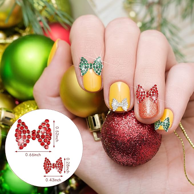 Maitys 24 Pieces Nail Bows Charms Rhinestones 3D Charms Alloy Pearl Bow Knot Accessory for Valentine's Day Women DIY Xmas Salon Jewelry Craft(Red, Green, Silver)