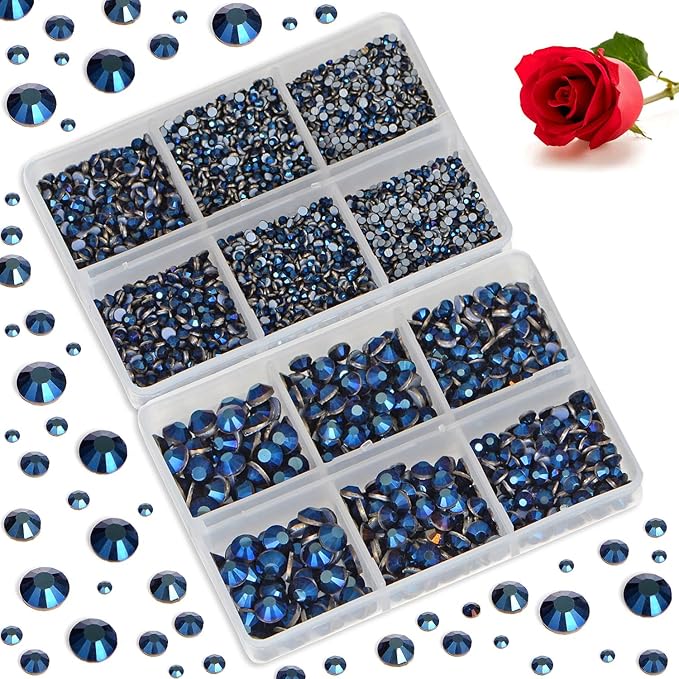 Bymitel Hotfix Crystal Rhinestones Round Gems for Crafts,Mixed 6 Sizes with Wax Pencil Kit, Mine Blue 1.6-6.3mm SS4-SS30/8000pcs