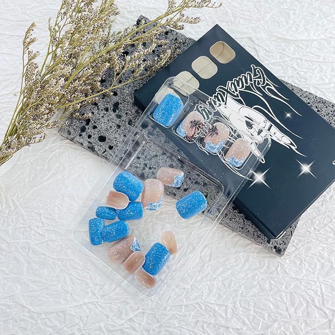 Blue French Tip Press on Nails Short Square Fake Nails with Designs Ocean Sea Waves Glue on Nails Coconut Tree Acrylic Nails Summer Artificial Nails Glitter Full Cover Stick on Nails for Women