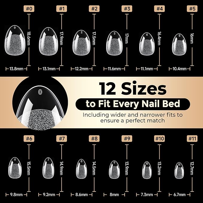 Extra Short Almond Fake Nails, 504pcs Soft Gel Pre-Shaped Acrylic Nail Tips, Half Matte Full Cover Clear Gelly Press on Flase Nail Tips for Extension Nail Manicure Home DIY 12 Sizes