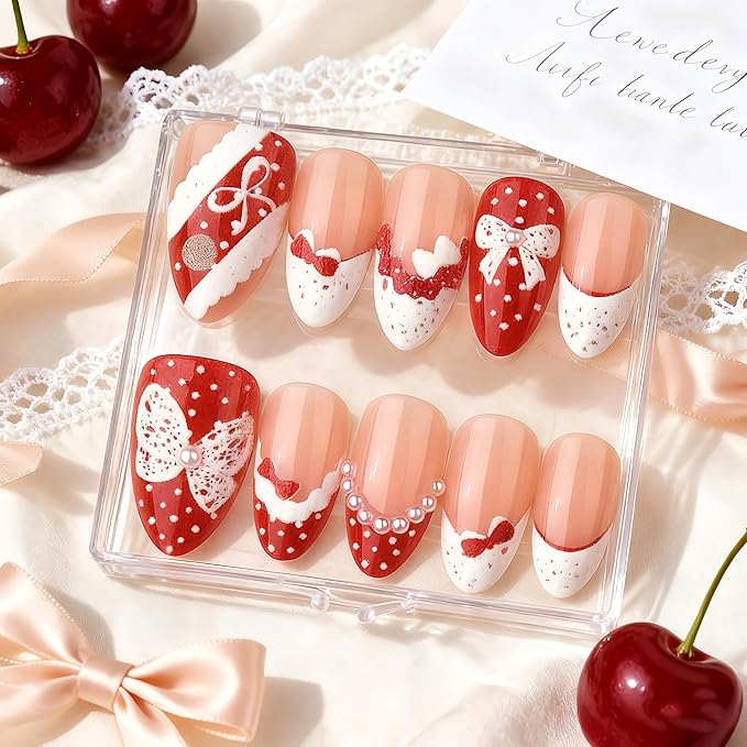 30Pcs Valentines Day Press on Nails Medium Almond Fake Nails with Pearl Lace Bow Design Glossy Polka Dots Red French Tips Glue on Nails Lace Butterfly Full Cover Stick on Nails Acrylic Nails for Women