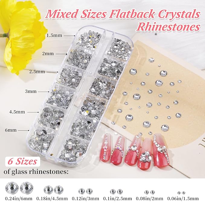 10 Boxes Nail Rhinestones Gems Kit,Gold/Silver Metal Studs,Mixed Sizes Flatback Crystals Rhinestones,Half Pearls,Sequins,Foil Flakes with Tweezers & Dotting Tools for DIY Manicure