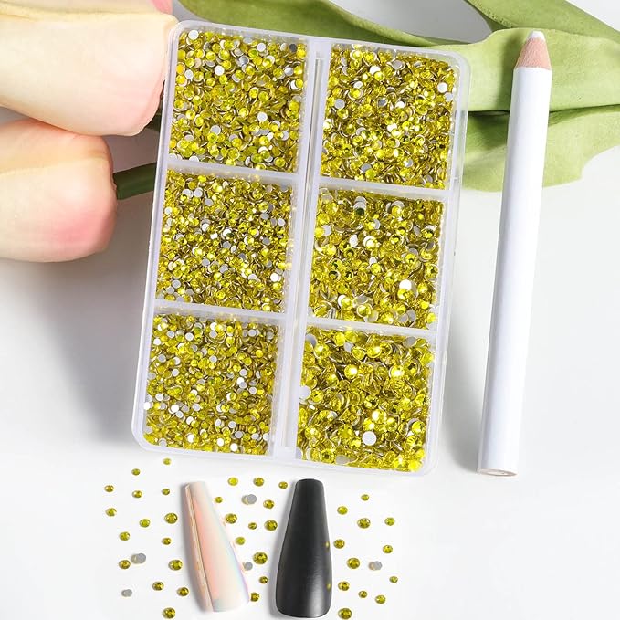 Beadsland 7200pcs Flatback Rhinestones,Yellow Rhinestone Nail Gems Round Crystal Rhinestones for Crafts,Mixed 6 Sizes with Wax Pencil Kit, SS3-SS10,Citrine/Lemon Yellow
