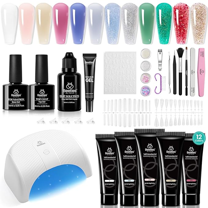 Beetles Poly Nail Gel 12 Colors Starry Party Poly Extension Set With U V Lamp Pink Glitter Builder Nail Extension Enhancement Gel Manicure DIY Home Salon Gift for Women Girls