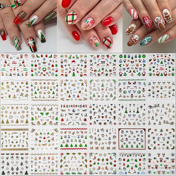 90 Sheets Christmas Nail Stickers 3D Self Adhesive Winter Xmas Nail Decals Santa Claus Christmas Tree Snowflake Nail Art Stickers Decals Cute Christmas Nail Art Supplies for Women Manicure Decorations