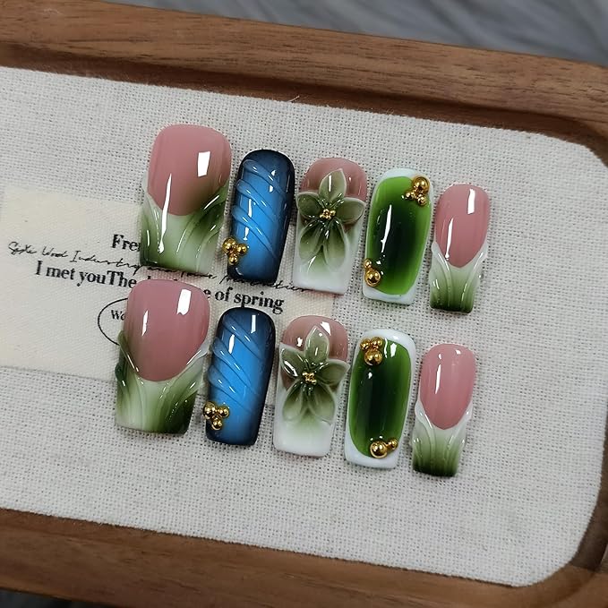 Glossy Handmade Press on Nails Medium Long Square - Icy French Green Blush 3D Floral Embossed Glossy False Nails for Women-Y2K Gradient Green Fake Nails for Winter Fall(M)