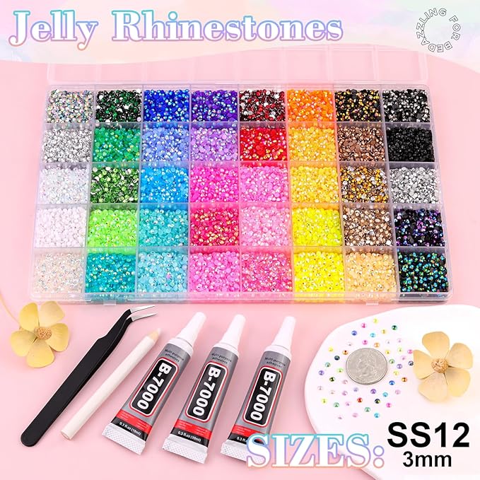 40000Pcs 40 Colors Jelly Rhinestones for Bedazzling, 3mm Multicolor Resin Flatback Gems for Diamond Art, Bedazzler Kit with 3Pcs 10ml B7000 Jewelry Glue for Crafting Book Shoes Nail Art