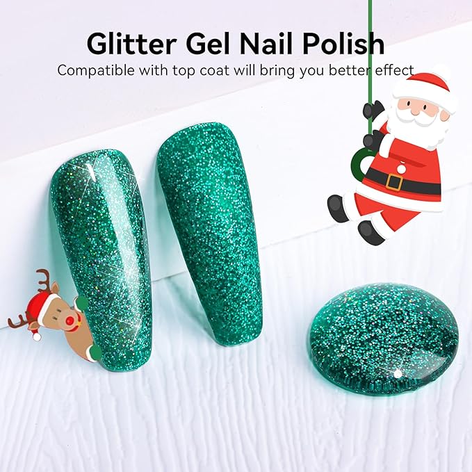 Makartt Christmas Green Glitter Gel Polish - 15ml Sparkly Shimmer Gel, UV Soak Off for Nail Art Design, DIY Home Salon Winter Manicure, Tinsel Green