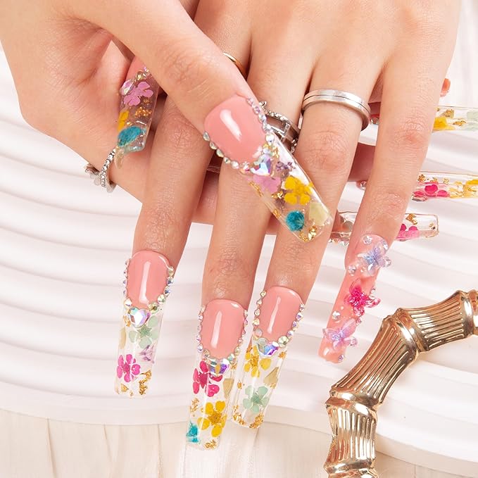 LOVFUL Press on Nails Flora| Handmade with Full Covered Crystals| Reusable Fake Nails| Square Mid length 1.7in| H176-L