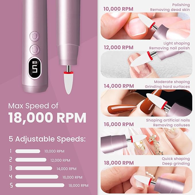 Cordless Electric Nail Drill Kit, Portable Rechargeable Nail Drill Set, Battery Electric Nail File, 5 Speeds Modes, LED Lighting, Reversible Direction, DIY, Professional (Purple)